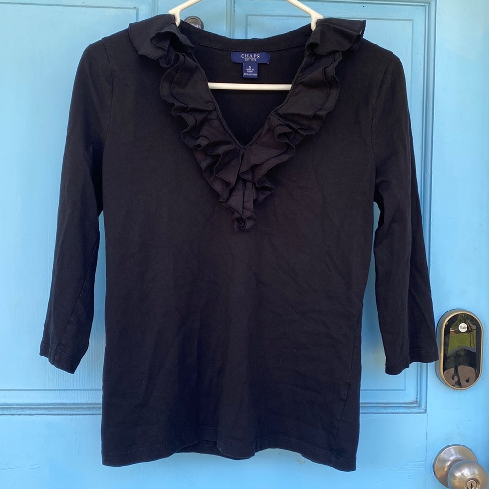 Chaps Top Black Ruffle Romantic Shirt Blouse size S